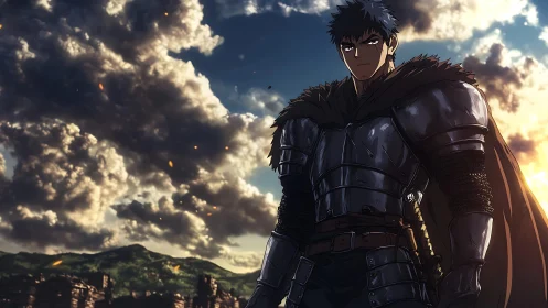 Armored warrior stands against storm-lit sky in anime realism