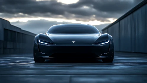 Electric supercar front view under dramatic dusk sky.
