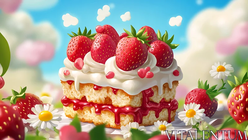 Three-Layer Strawberry Cake with Whipped Cream and Whole Red Berries