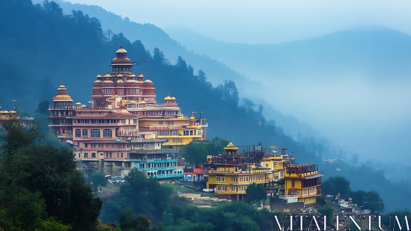 Terraced hilltop monastery complex in blue Himalayan mist.