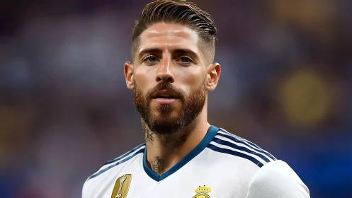 Close-up portrait of male soccer player in white jersey.