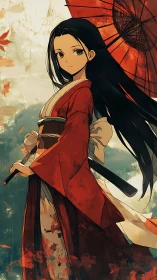 Samurai girl in red kimono holds parasol in painterly anime style