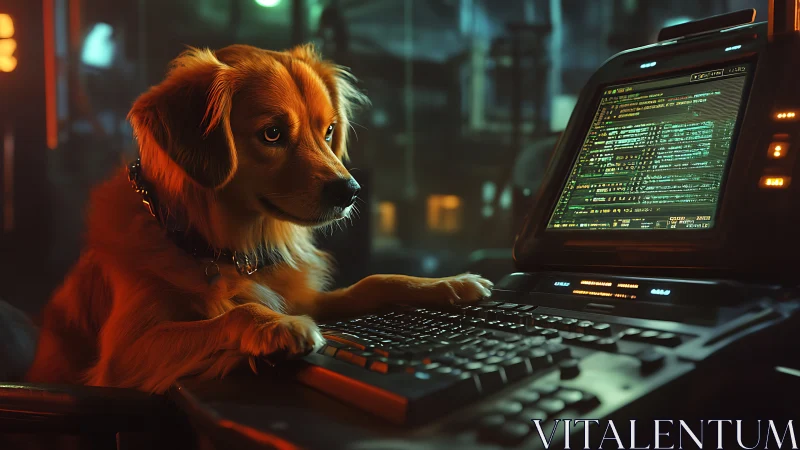Dog using retro computer in neon lit tech workspace.