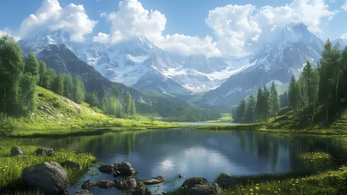 Snow covered mountains reflected in calm alpine lake.
