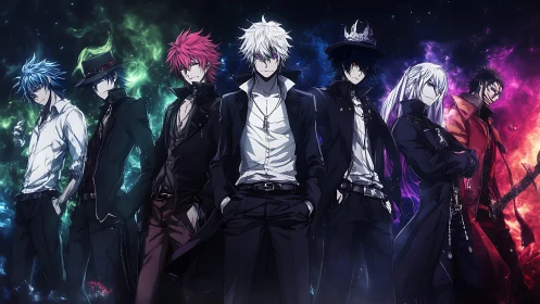 Seven anime antiheroes with elemental auras in luminous nebulae