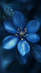Blue five-petaled flower with dew droplets in cool-toned macro photography