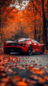 Crimson supercar pausing softly beneath glowing autumn trees.