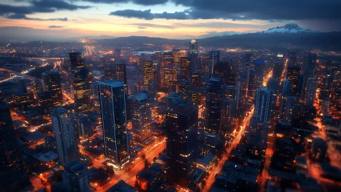 Densely lit city skyline captured at dusk from elevated view