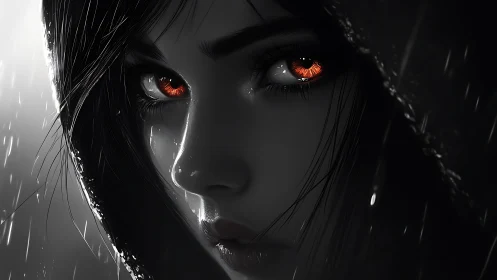 Mystery in the rain with glowing ember bright eyes.