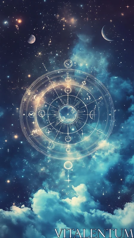Celestial zodiac mandala over nebula clouds, digital painting.