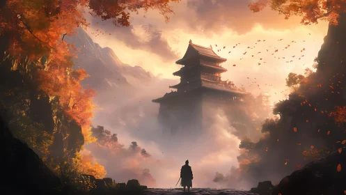 Lone samurai faces misty mountain temple at autumn dawn