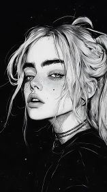 Monochrome freckled portrait with high-contrast linework.