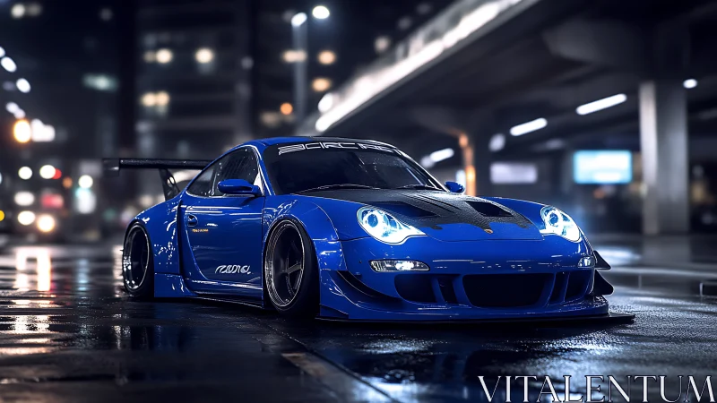 Midnight blue widebody sports car under neon city lights.