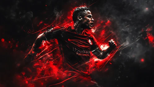 Soccer player rendered in dynamic red and black digital motion