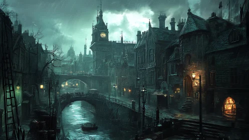 Rain-soaked Victorian canal city glows under stormy night