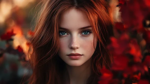 Freckled redhead portrait framed by vivid autumn florals.