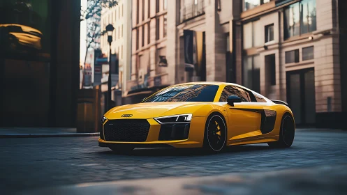 Yellow supercar cuts through moody urban streets at sunrise