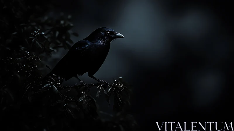 Black Crow Perched on Dark Branch in Moody Lighting
