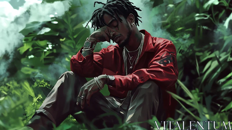 Contemplative man in red jacket resting in lush green foliage.