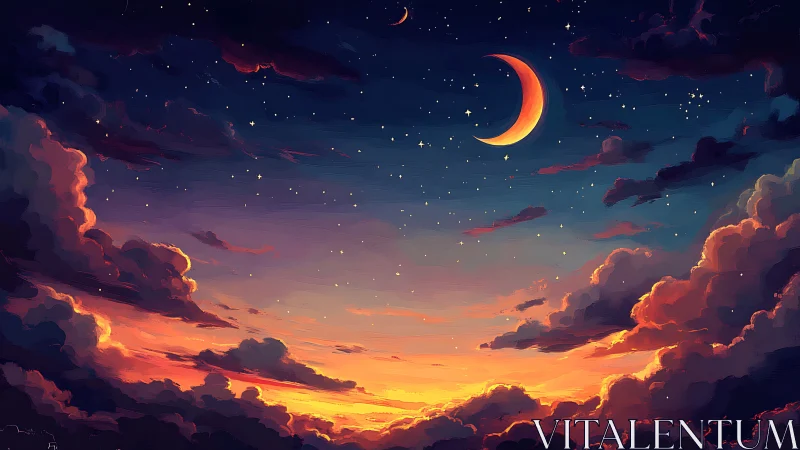 Crescent moon over vivid sunset clouds in starry sky.