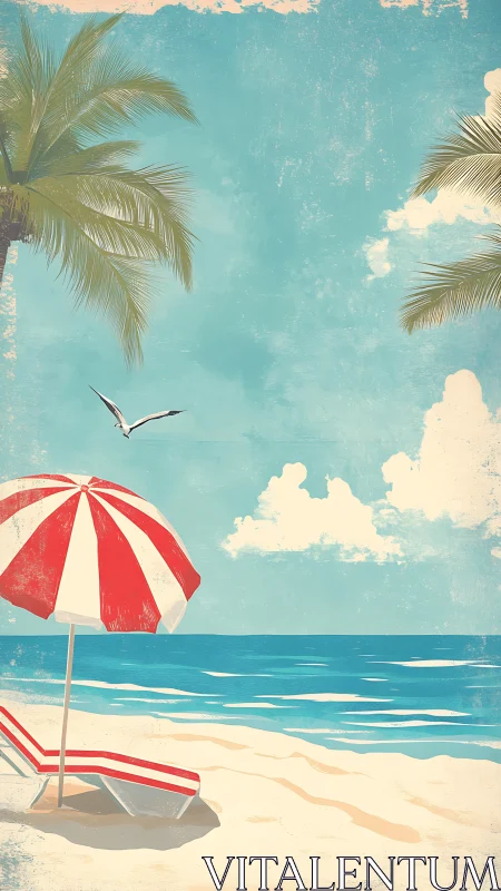 Striped beach umbrella, lounger and palm trees by shoreline.