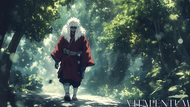 White haired warrior walks alone through dense sunlit forest