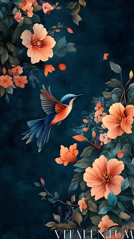 Hummingbird glides amid coral blooms on deep teal ground