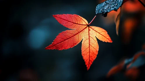 Single red maple leaf glows sharply against dark background