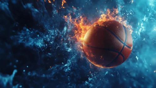 Burning basketball slices through electric blue water field.