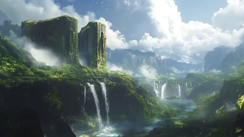 Mystical green valley unfolds with towering cliffs and falls