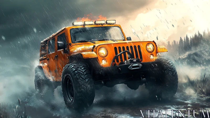 Off-road orange 4x4 jeep in dynamic storm terrain render.