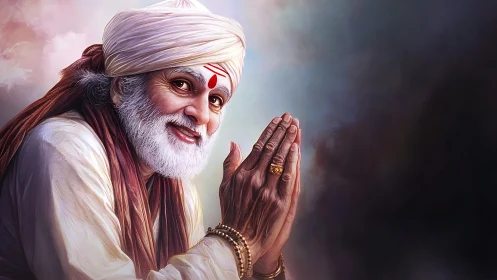 Elderly bearded guru in namaste pose, high-detail portrait