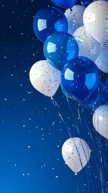 Blue and White Balloons Floating Against Dark Blue Sky