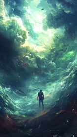 Solitary figure confronting a cosmic storm in luminous vortex