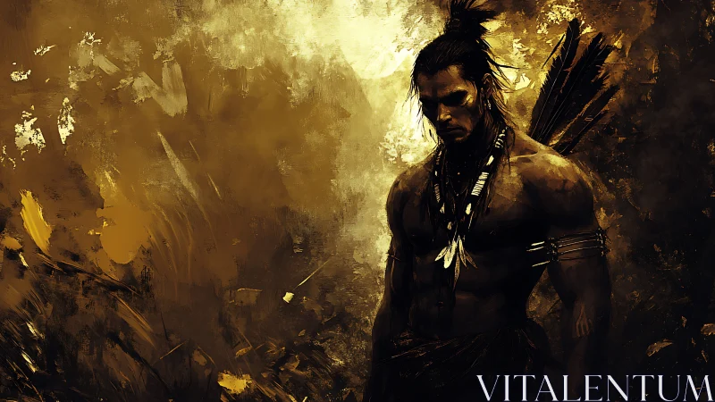 Solitary warrior in warm-toned abstract forest setting.