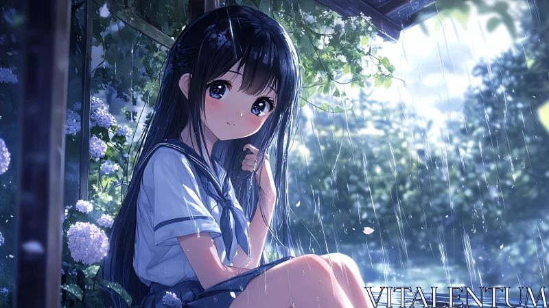 Rainy day pause with a shy schoolgirl in a quiet garden.
