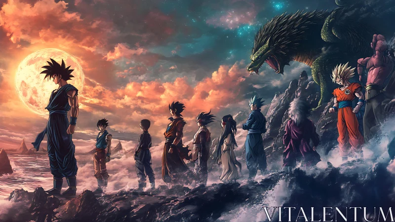 Lineup of anime warriors on rocky coast under full moon.