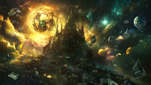 Solar citadel of money storms above a burning cosmic world.