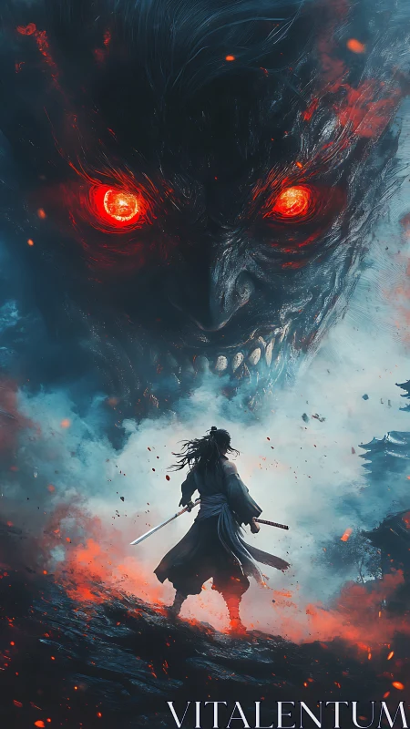 Lone warrior stands brave beneath a looming fiery demon.