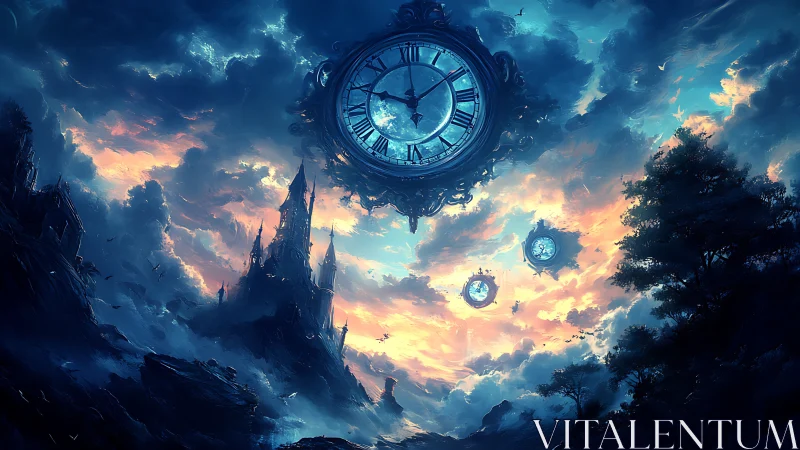 Skyborne clockwork drifts above a twilight kingdom of spires