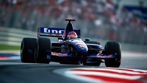 Formula racing car on circuit corner in front view.