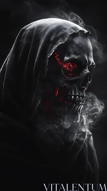 Hooded skeletal reaper with glowing red eye in smoke.