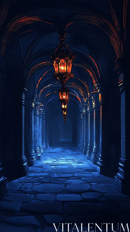 Gothic stone corridor glows under suspended firelit lanterns
