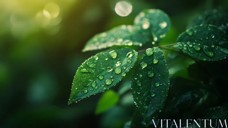 Macro optical study of dew-laden foliage under diffuse light.