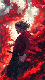 Lone samurai strides through swirling red storm clouds