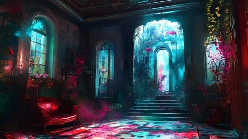 Overgrown interior hall with vivid aquatic light effects.