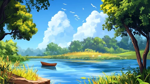 Serene riverbank and wooden boat under bright summer sky.