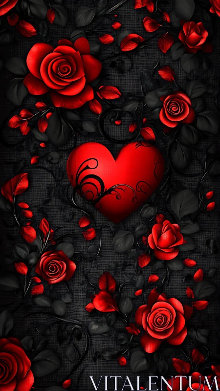 Three-Dimensional Red Roses and Heart with Decorative Spiral Elements on Textured Black Background