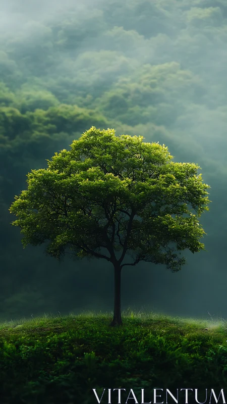 Solitary green tree on misty forest hill at sunrise.