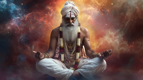 Cosmic-clad yogic ascetic in nebular meditative suspension.